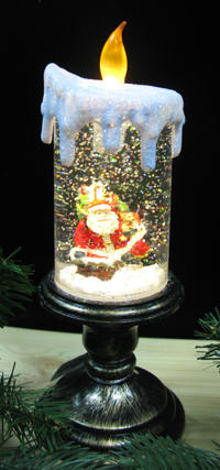 TLN1581*R/HJL1033  Фонарь-свеча на ножке, Санта взбирается на трубу, антикварное золото, с водой, с блестками и подсветкой внутри   Н*L*W=25*10*10